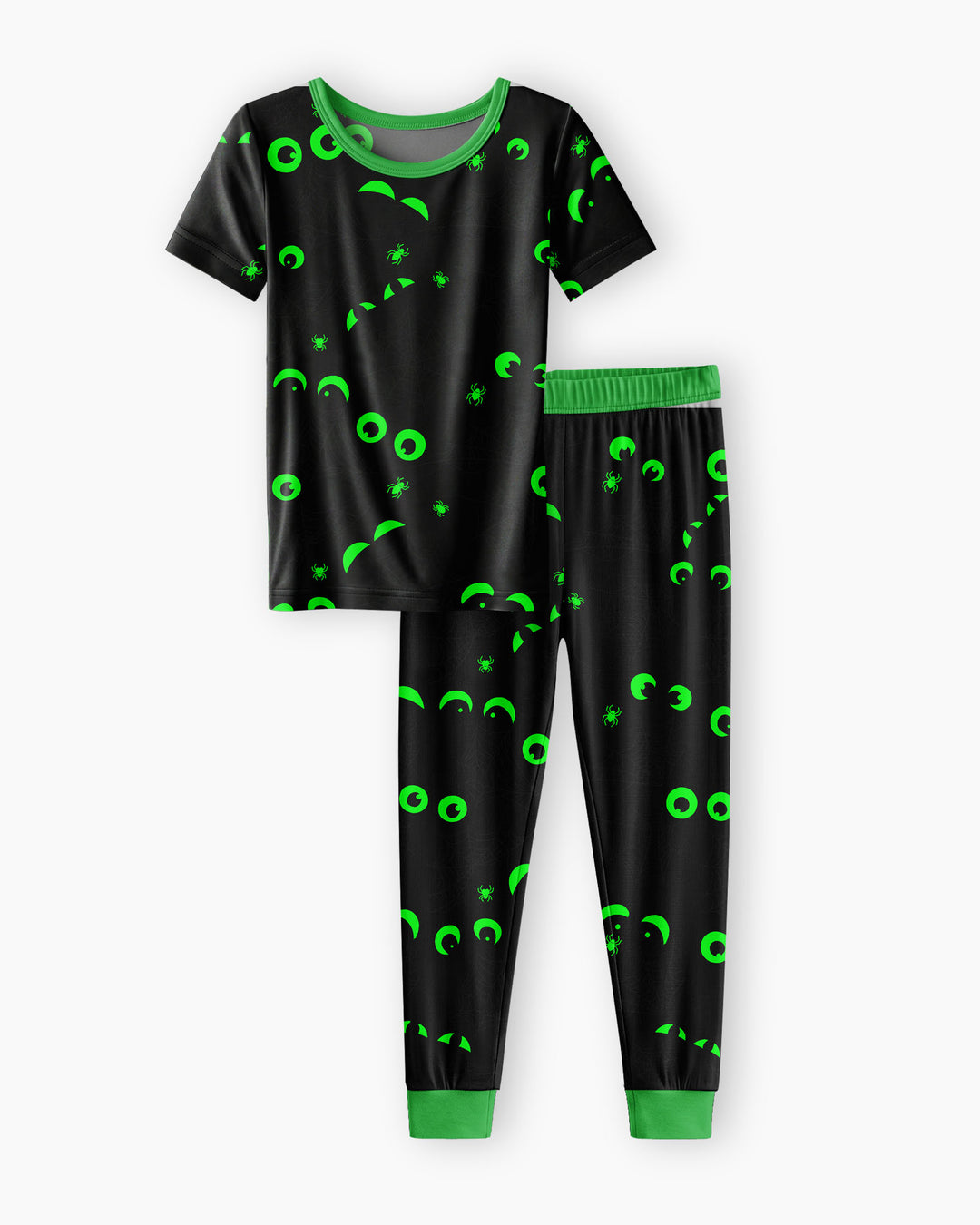 Im Dunkeln leuchtendes gruseliges Spinnennetz-Bambus-Zweiteiler-Kurzarm-Pyjama-Set