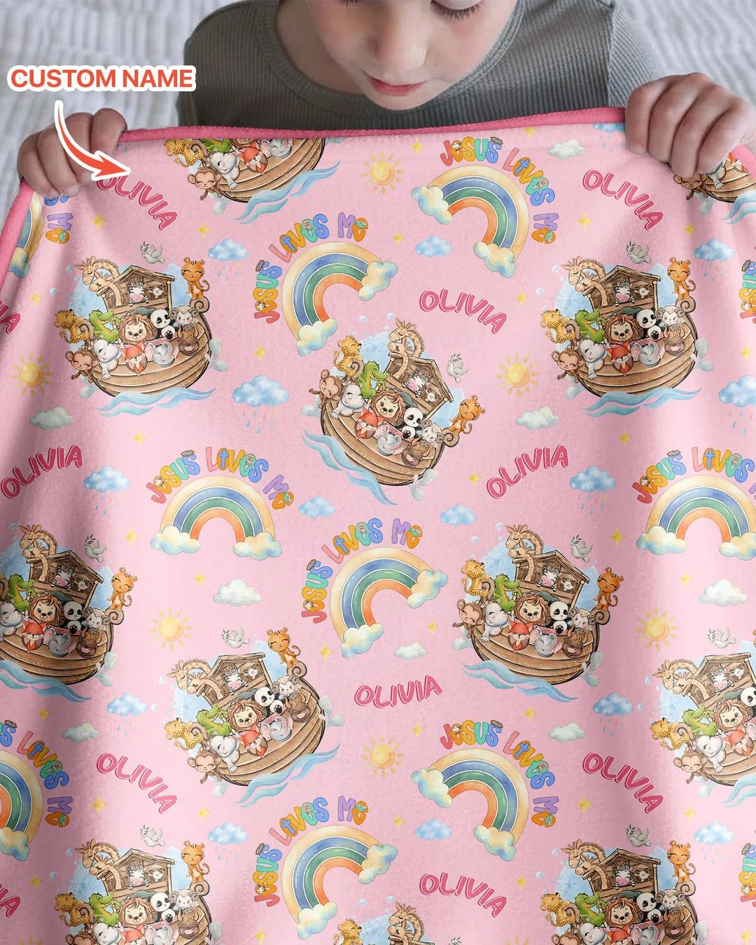 Custom Name Jesus Loves Me Noah's Ark Bamboo Blanket