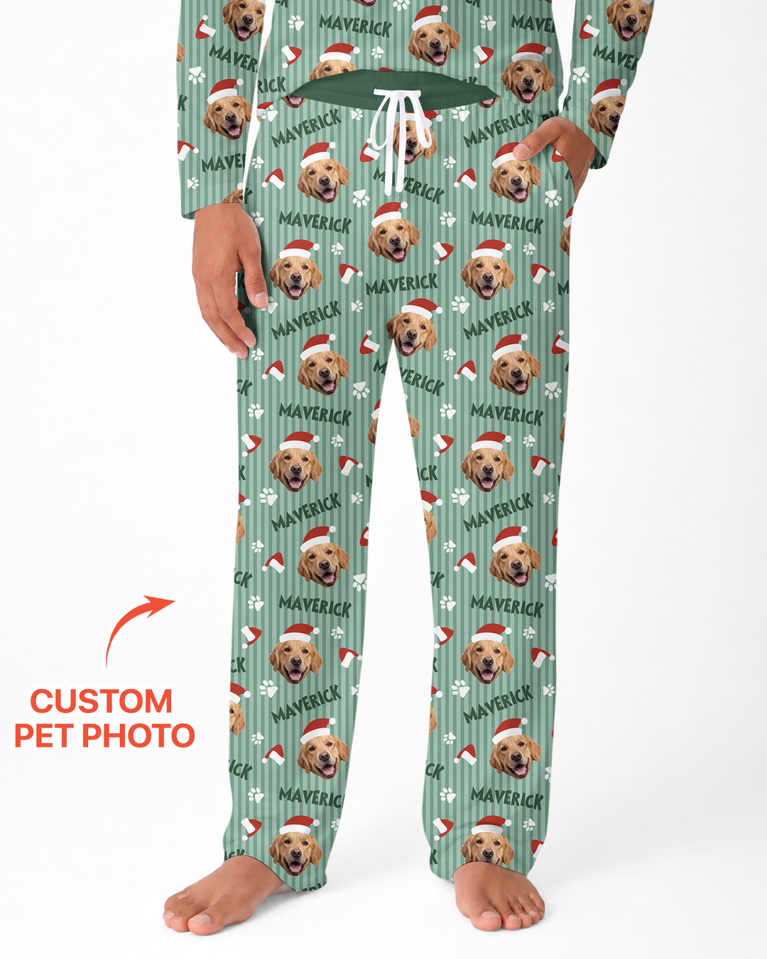 Custom Pet Photo Christmas Paws Stripe Bamboo Men's Pajama Set