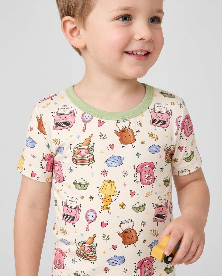Retro Chasing Toy Bamboo Two Piece Short Sleeve Pajama Set