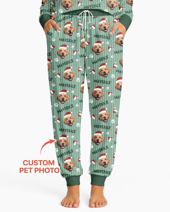 Custom Pet Photo Christmas Paws Stripe Bamboo Women Pajama Set