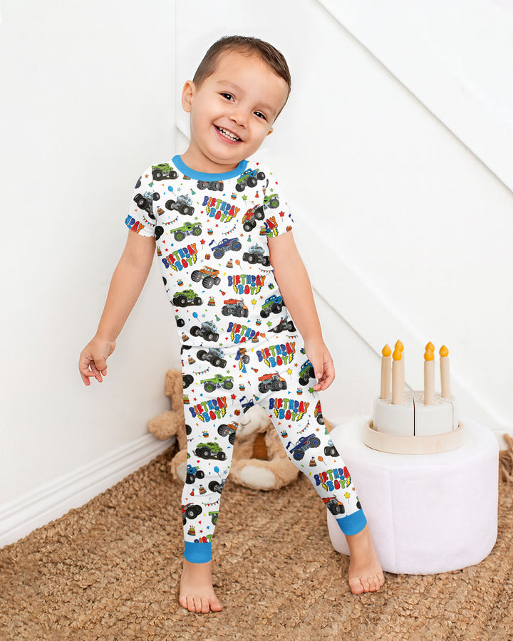 Monster Truck Birthday Boy Bamboo Two Piece Short Sleeve Pajama Set