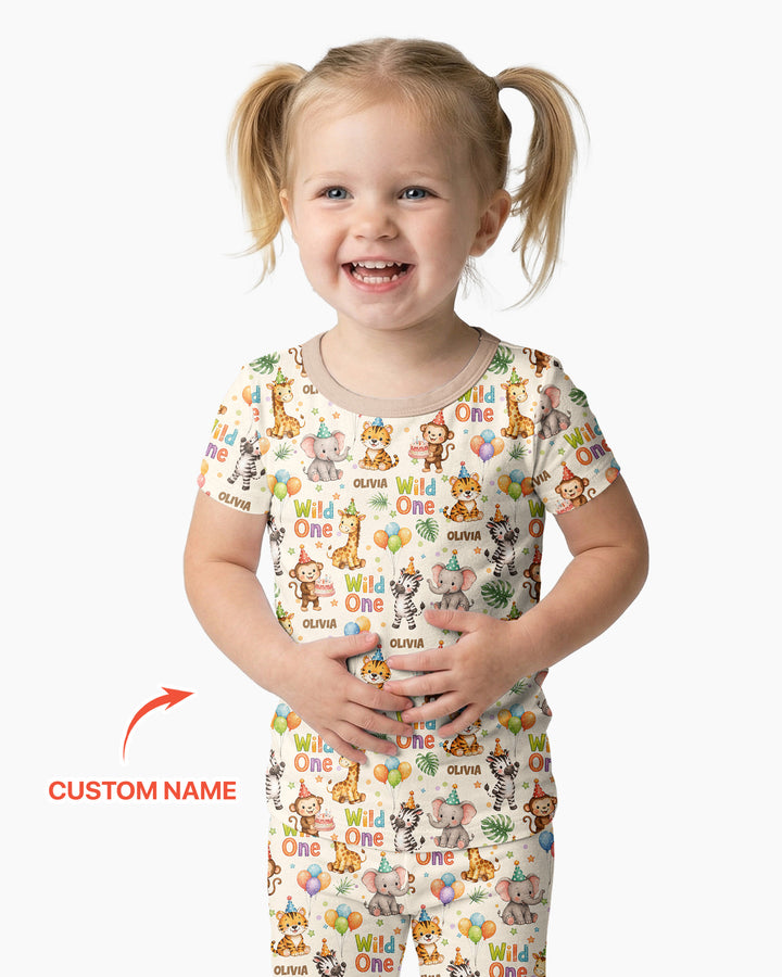 Custom Name 1st Birthday Wild One Bamboo Two Piece Short Sleeve Pajama Set