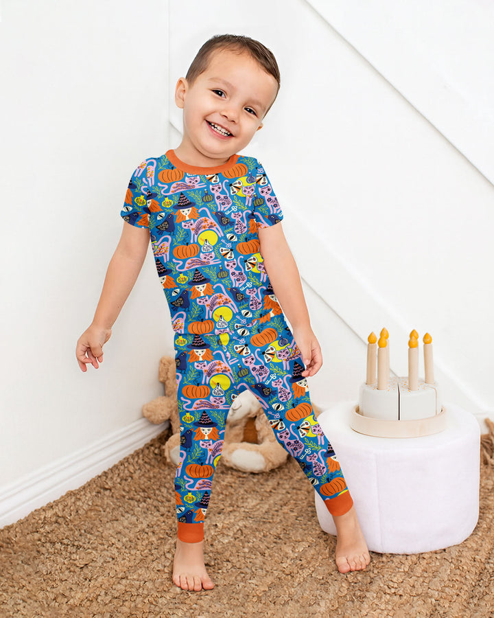 Whimsical Witch Cats Bamboo Two Piece Short Sleeve Pajama Set