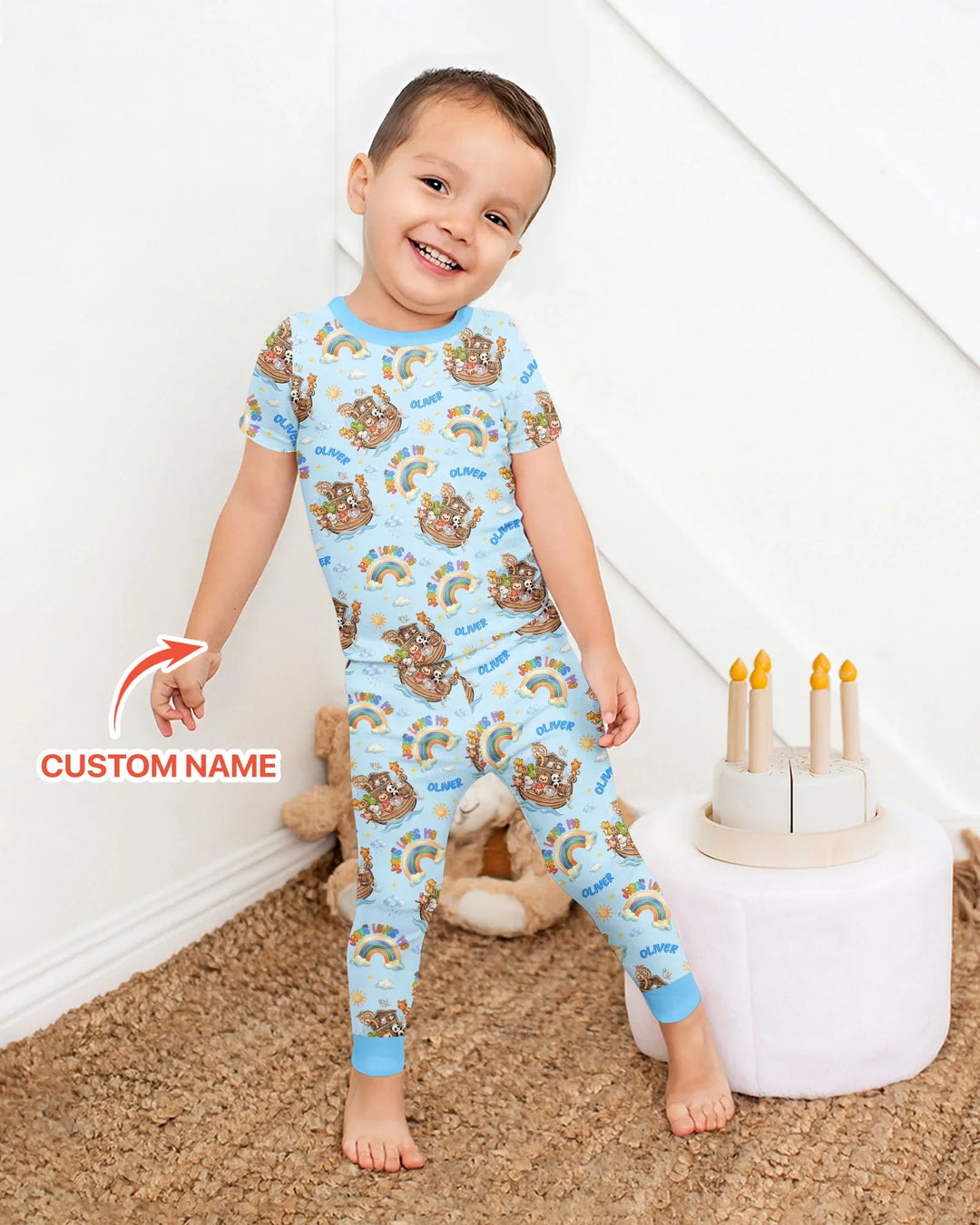 Custom Name Jesus Loves Me Noah's Ark Bamboo Two Piece Short Sleeve Pajama Set