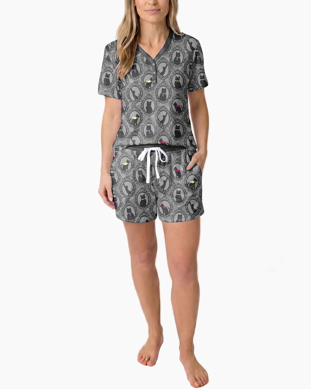 Midnight Cat Parade Bamboo Women Short Sleeve Short Pajama Set