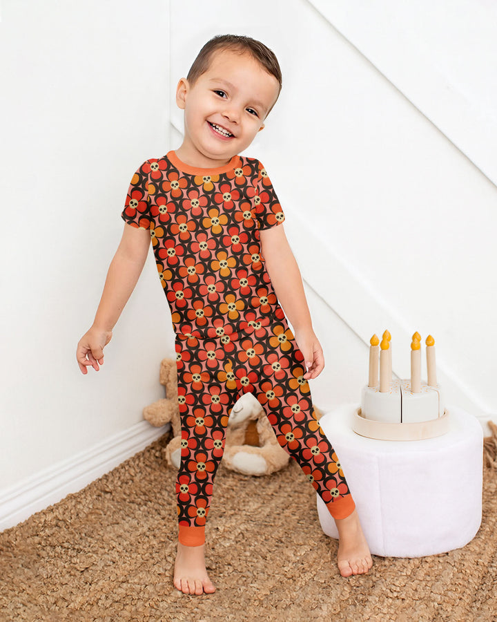Retro Skull Flower Halloween Bamboo Two Piece Short Sleeve Pajama Set