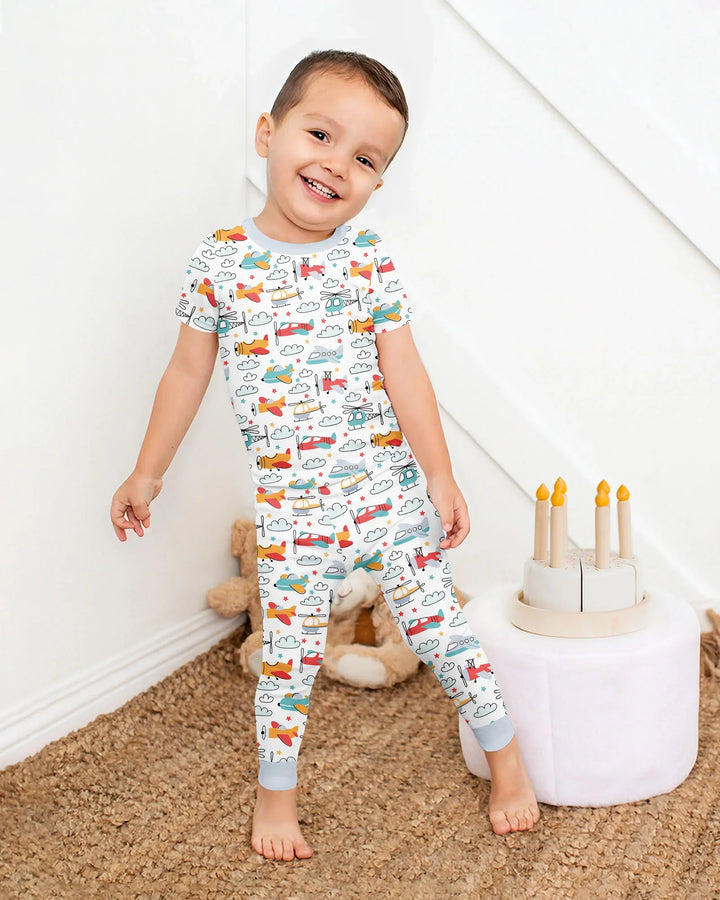 Airplanes And Helicopters Bamboo Two Piece Short Sleeve Pajama Set