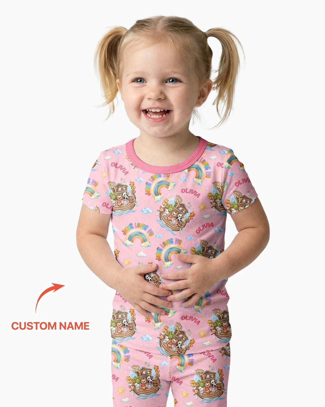 Custom Name Jesus Loves Me Noah's Ark Bamboo Two Piece Short Sleeve Pajama Set