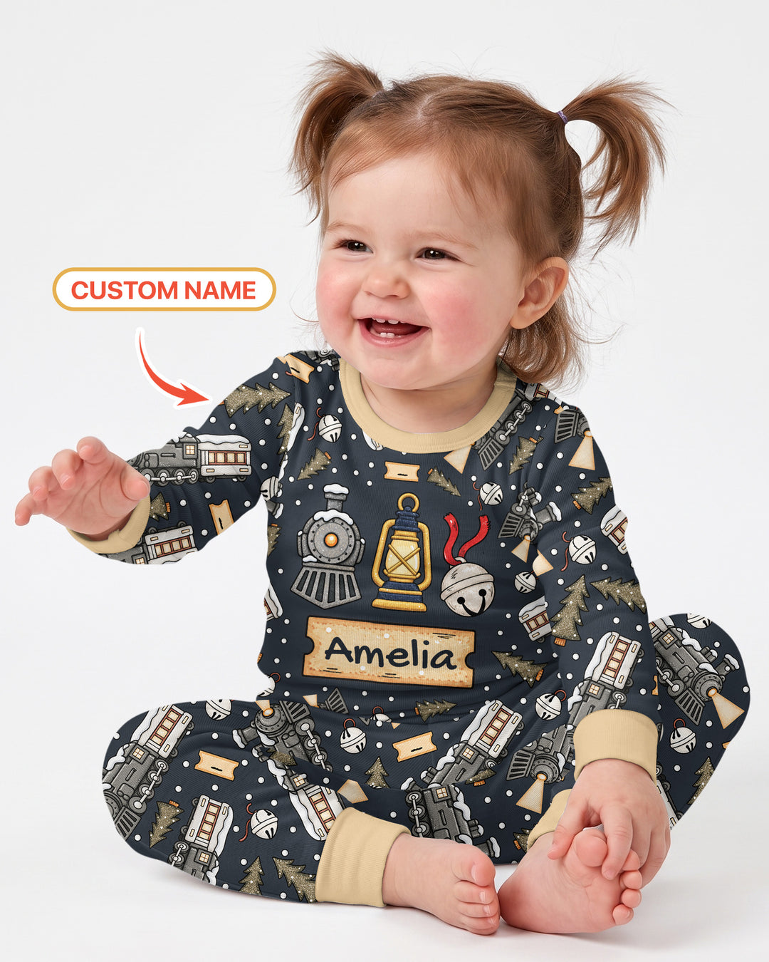 Custom Name Believe Kid Train Bamboo Two Piece Long Sleeve Pajama Set