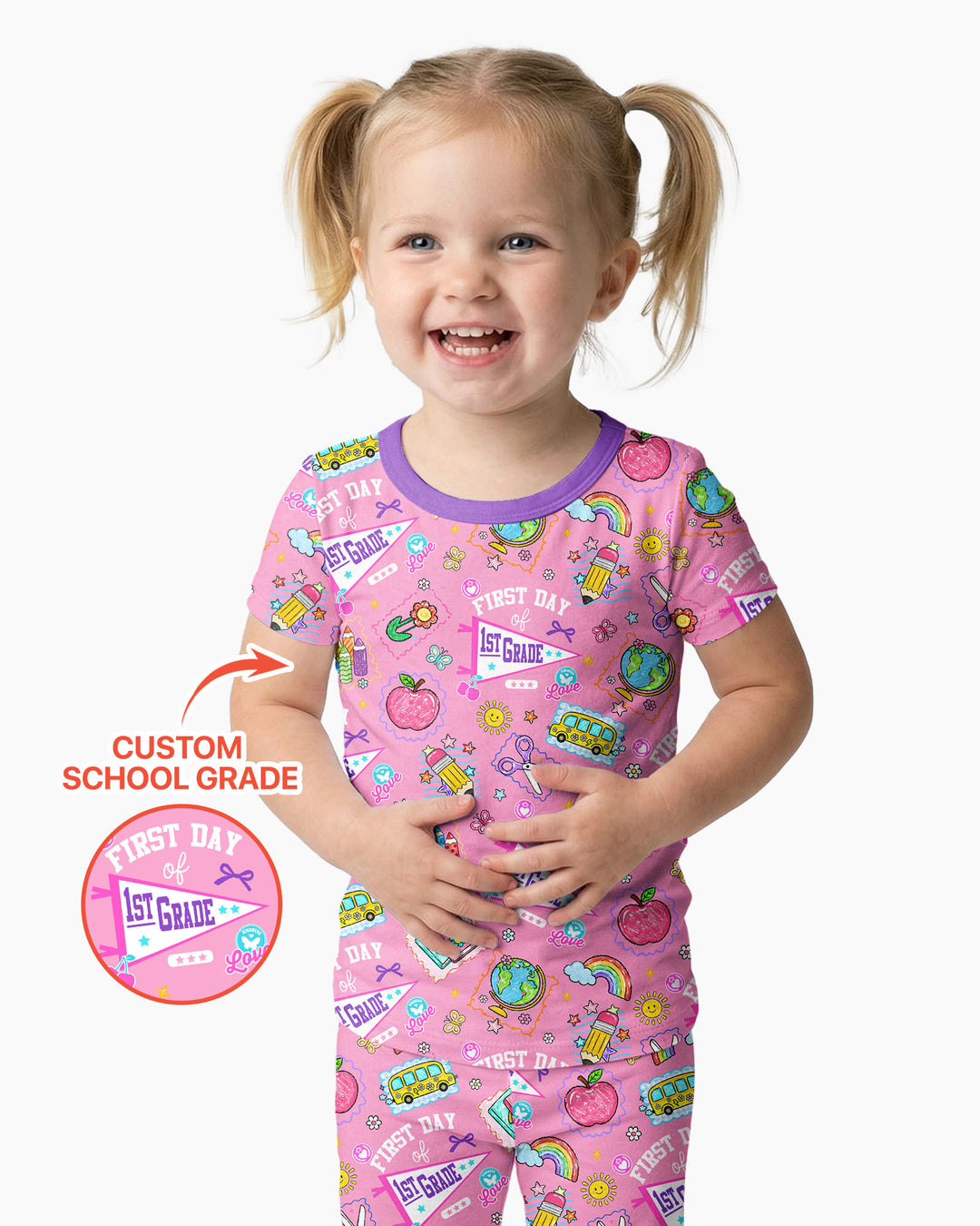 Custom Grade Girls School First Day Bamboo Two Piece Short Sleeve Pajama Set