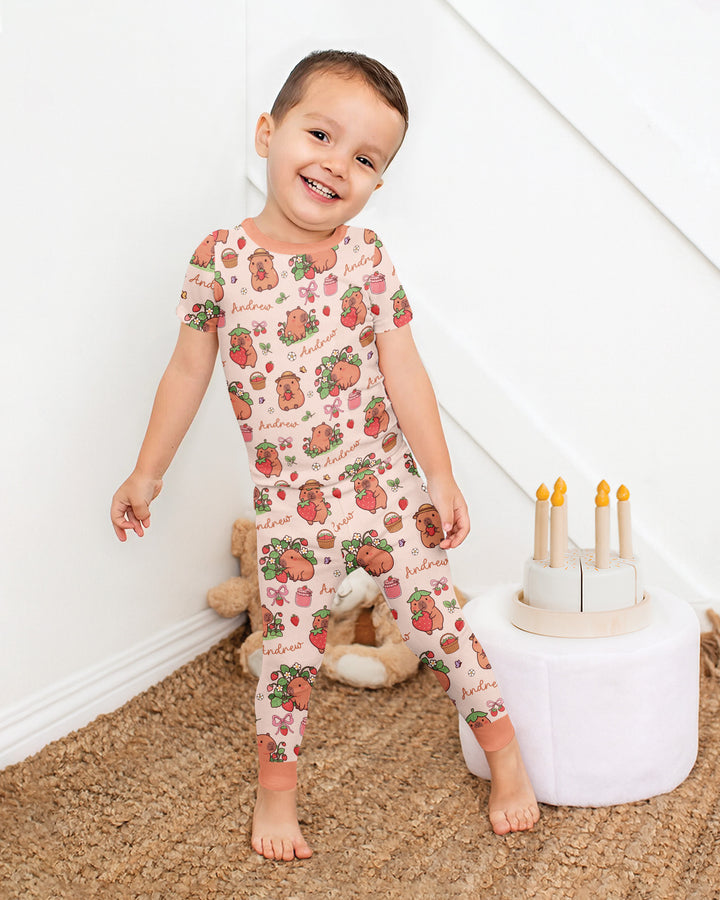 Custom Name Capybara Strawberry Bamboo Two Piece Short Sleeve Pajama Set