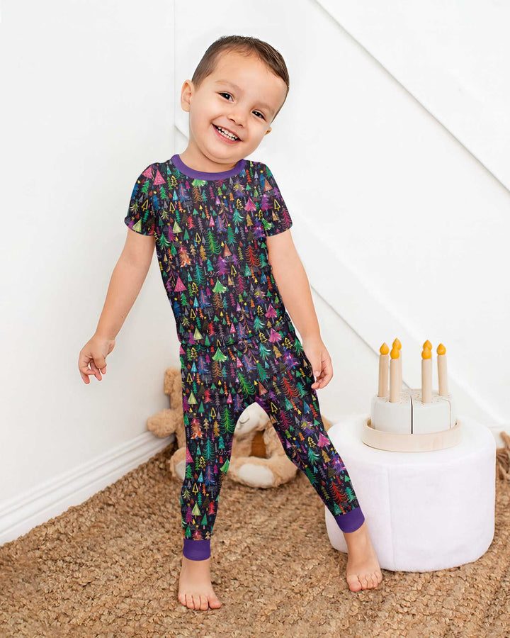 Christmas Holiday Colorful Trees Bamboo Two Piece Short Sleeve Pajama Set