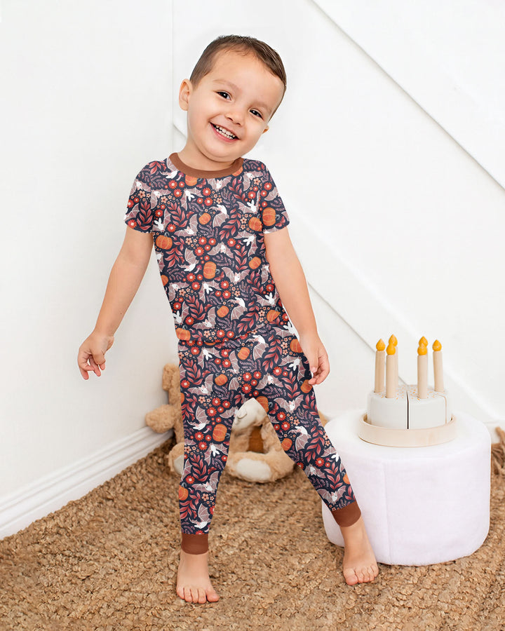 Bat Pumpkin Floral Halloween Bamboo Two Piece Short Sleeve Pajama Set