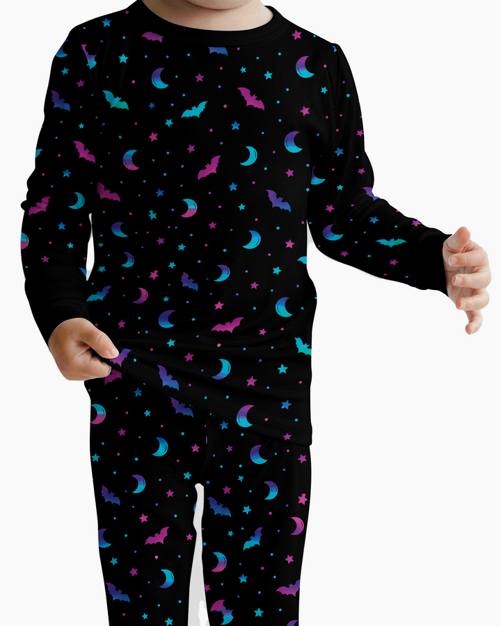 Neon Bats & Moons Night Bamboo Two Piece Long Sleeve Pajama Set