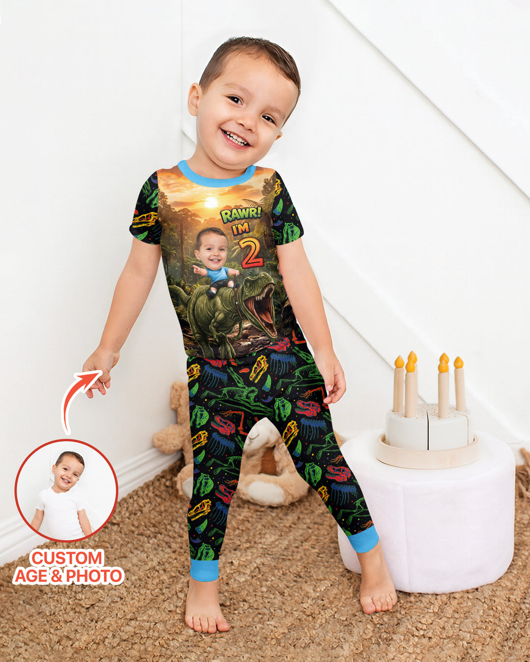 Custom Photo Dino Rawr Birthday Bamboo Two Piece Short Sleeve Pajama Set