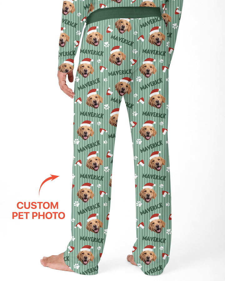 Custom Pet Photo Christmas Paws Stripe Bamboo Men's Pajama Set