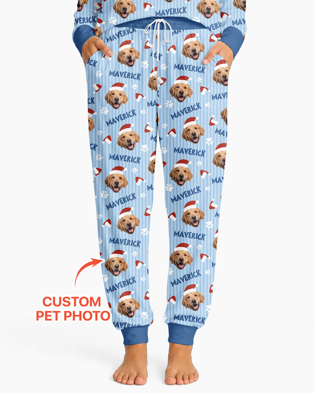 Custom Pet Photo Christmas Paws Stripe Bamboo Women Pajama Set