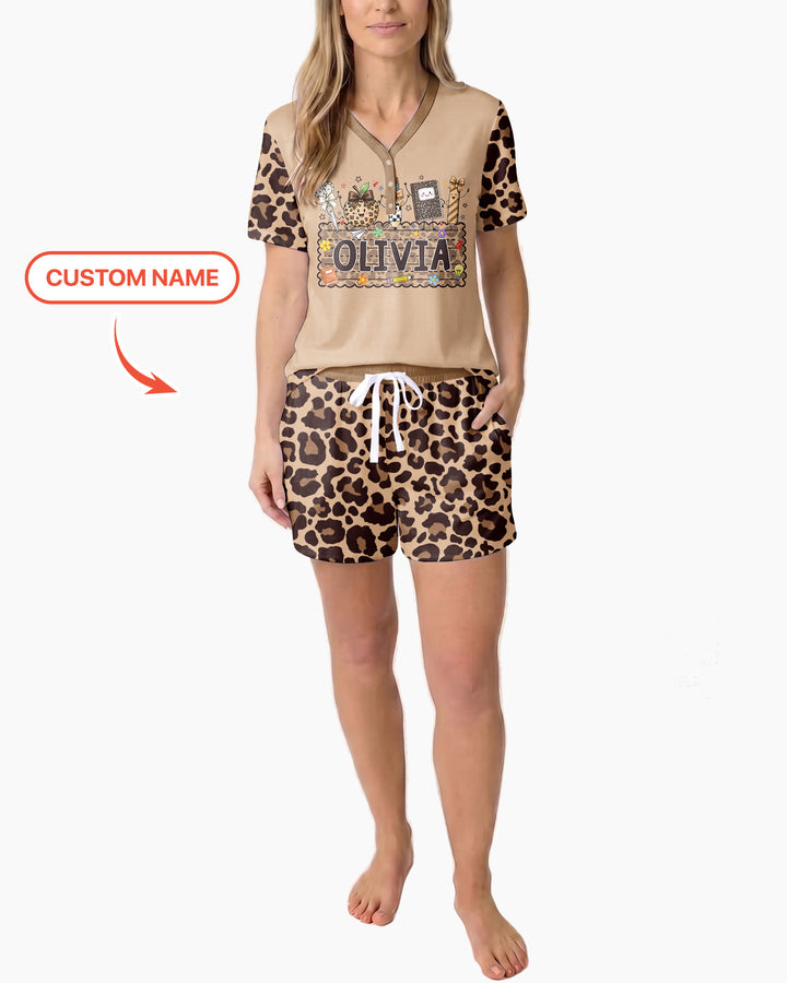 Custom Name School Sweetheart Leopard Bamboo Women Short Sleeve Short Pajama Set