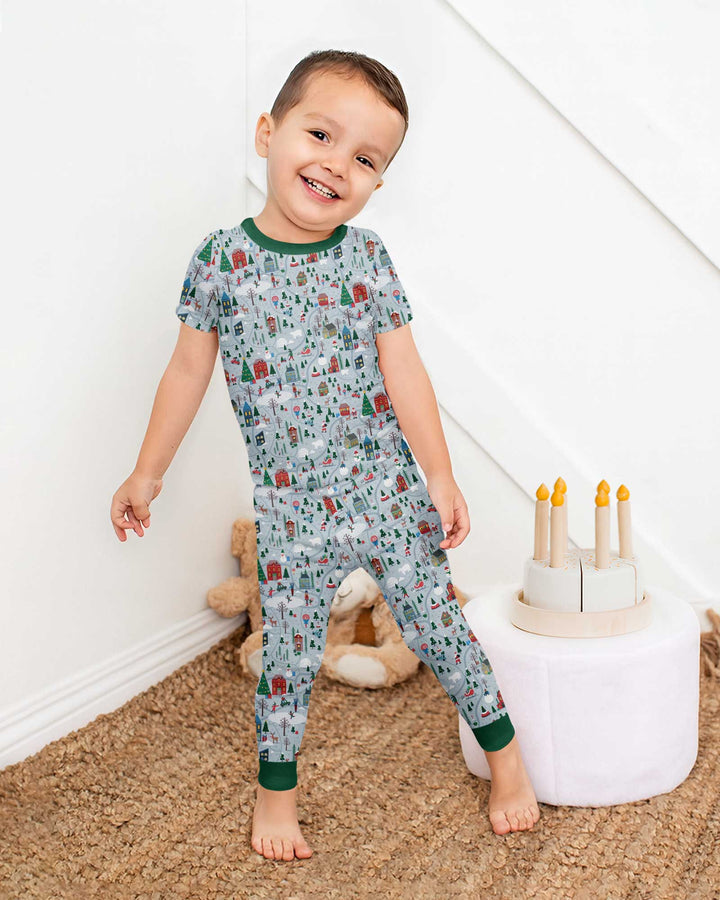 Snowy Christmas Village Map Bamboo Two Piece Short Sleeve Pajama Set