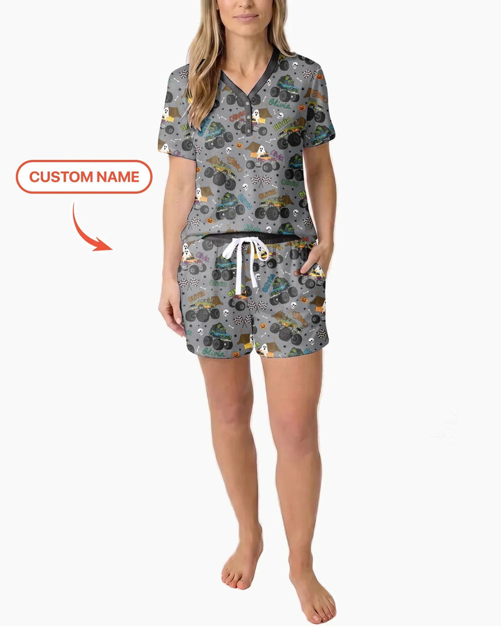Custom Name Halloween Creepy Crusher Family Matching Bamboo Women Short Sleeve Short Pajama Set