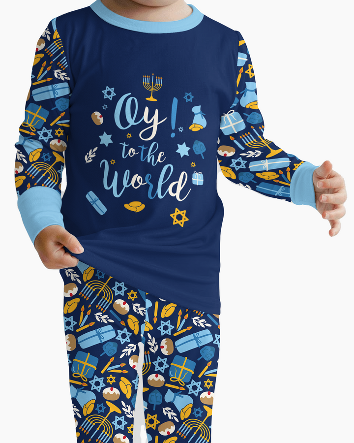 Oy to the World Hanukkah Bamboo Two Piece Long Sleeve Pajama Set