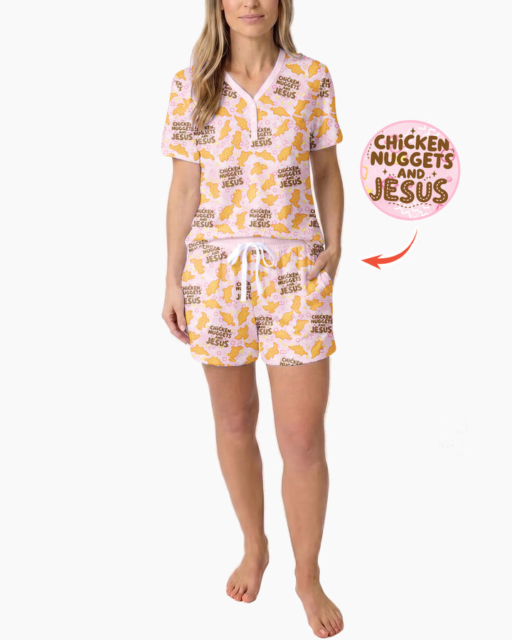 Chicken Nuggets and Jesus Family Matching Bamboo Women Short Sleeve Short Pajama Set