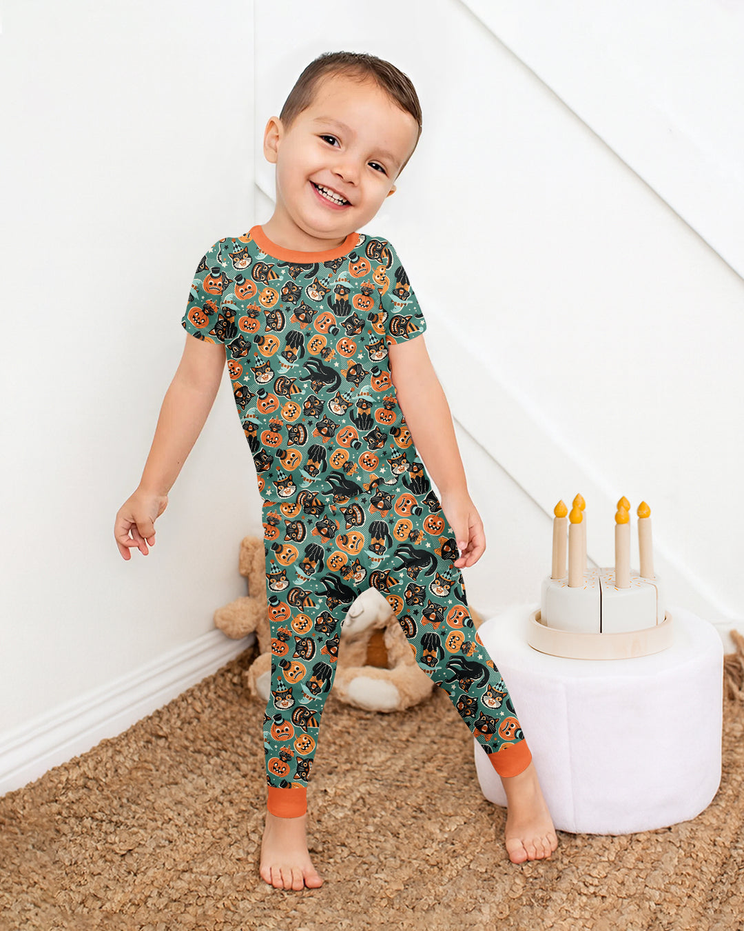 Retro Black Cat Witch Pumpkin Halloween Bamboo Two Piece Short Sleeve Pajama Set