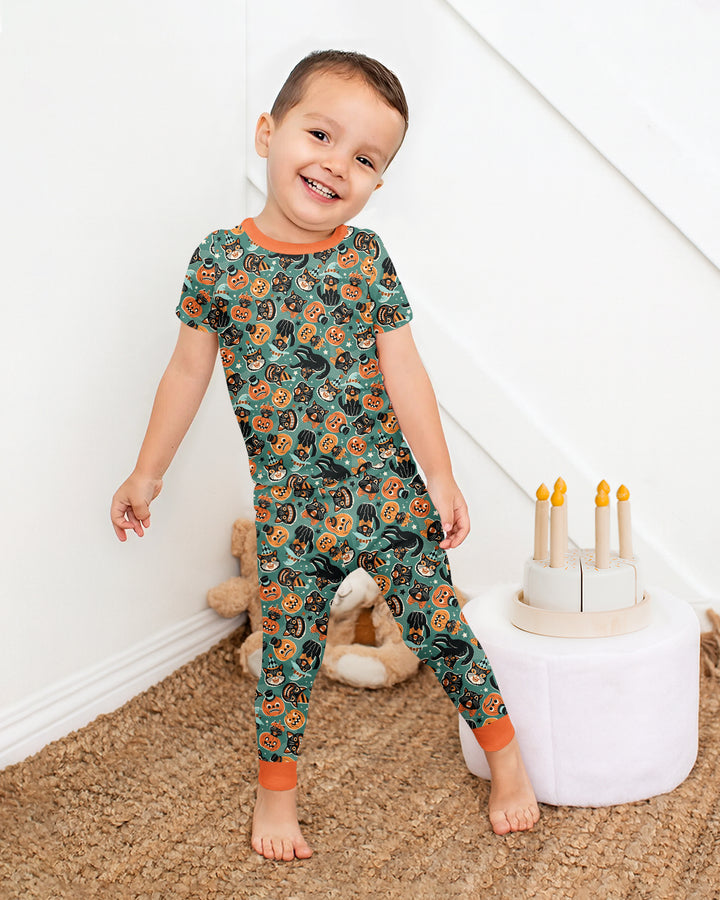 Retro Black Cat Witch Pumpkin Halloween Bamboo Two Piece Short Sleeve Pajama Set