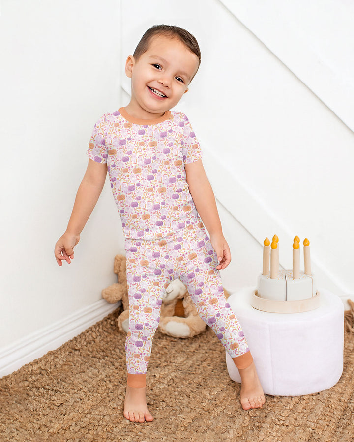 Pastel Pumpkins and Ghosts Bamboo Two Piece Short Sleeve Pajama Set