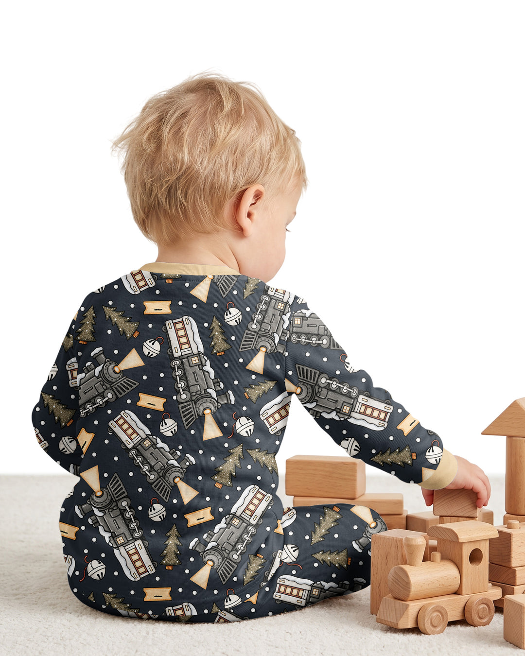 Custom Name Believe Kid Train Bamboo Two Piece Long Sleeve Pajama Set