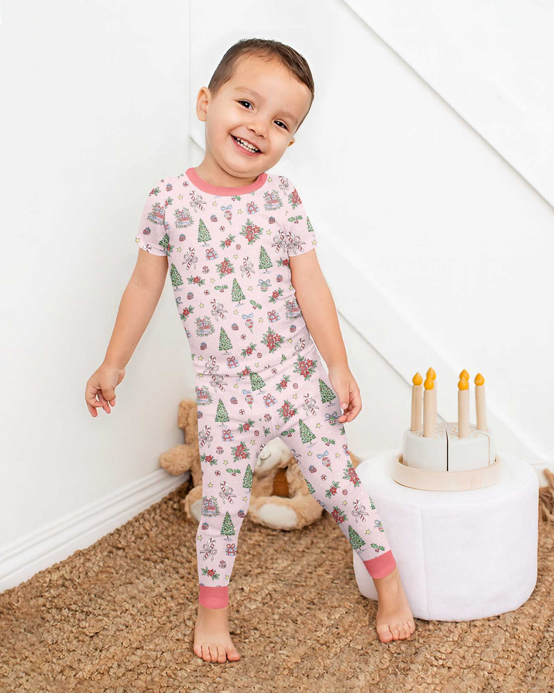 Watercolor Pink Christmas Holidays Christmas Tree Gifts Candy Cane Bamboo Two Piece Short Sleeve Pajama Set