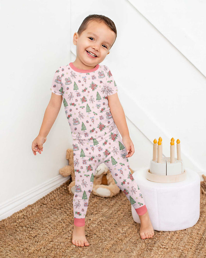 Watercolor Pink Christmas Holidays Christmas Tree Gifts Candy Cane Bamboo Two Piece Short Sleeve Pajama Set