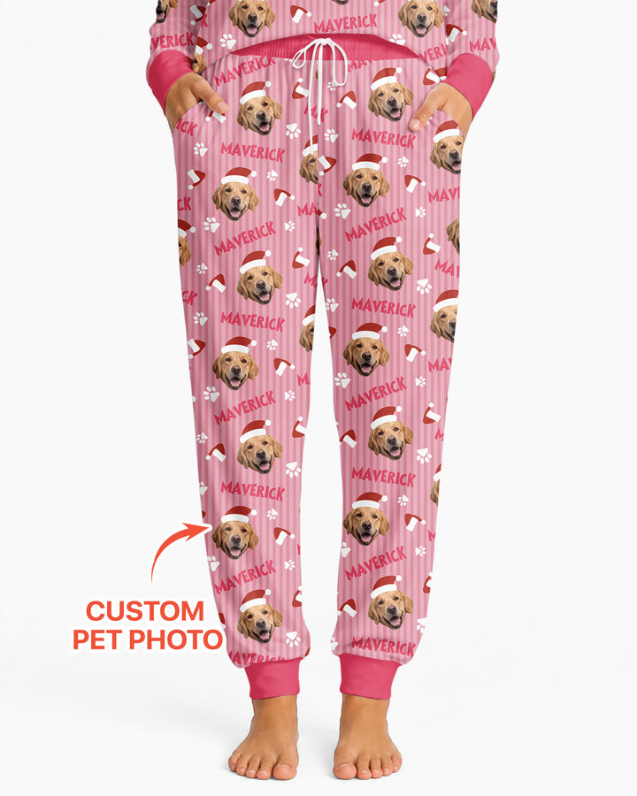 Custom Pet Photo Christmas Paws Stripe Bamboo Women Pajama Set