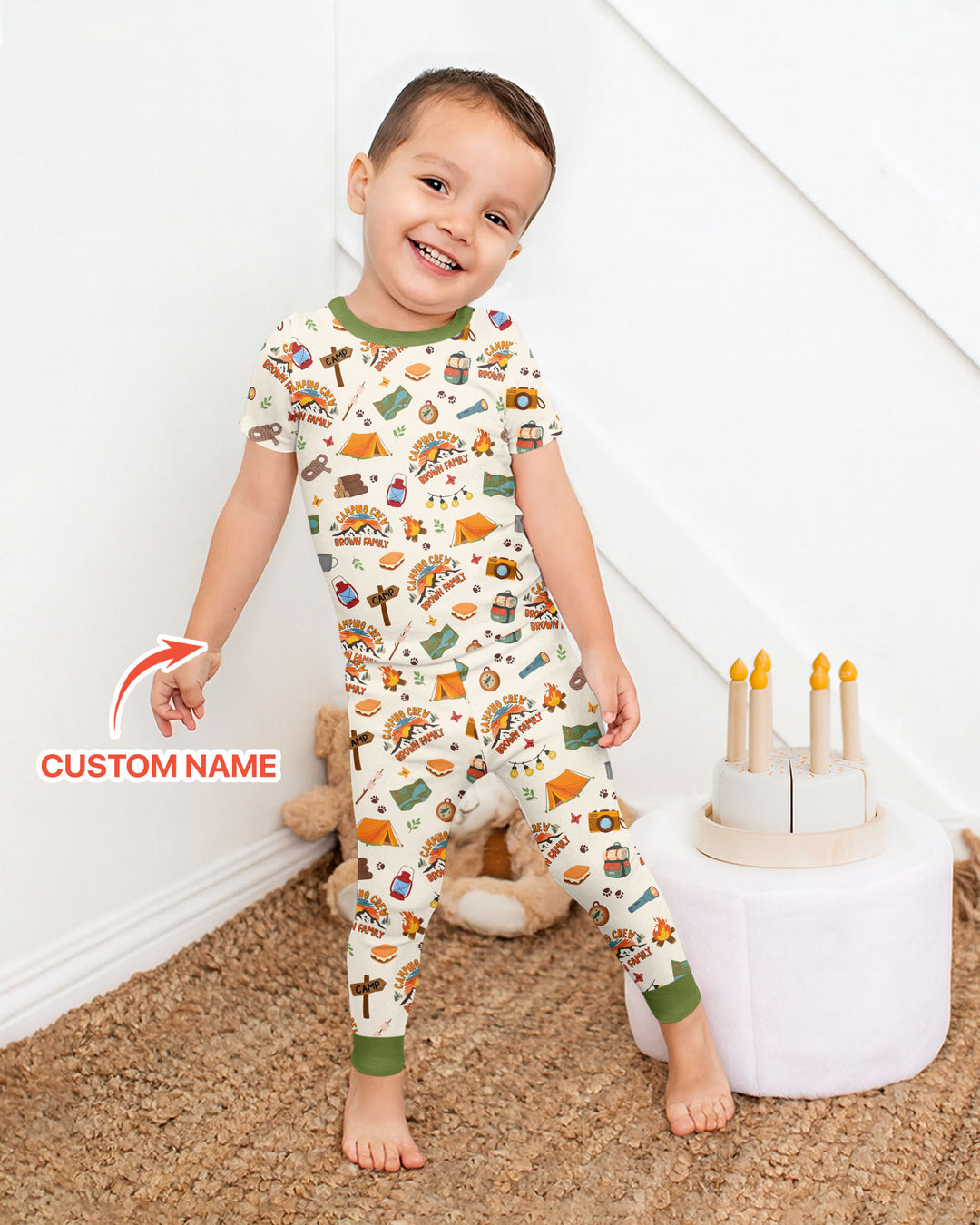 Custom Name Camping Crew Family Matching Bamboo Two Piece Short Sleeve Pajama Set