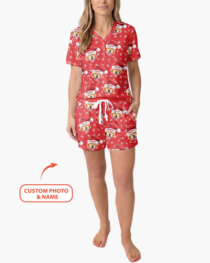 Custom Dog Photo Santa Claus Bamboo Women Short Sleeve Short Pajama Set
