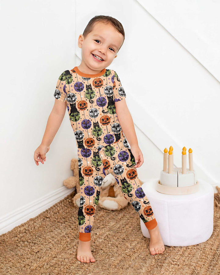 Groovy Halloween Disco Cat Bamboo Two Piece Short Sleeve Pajama Set