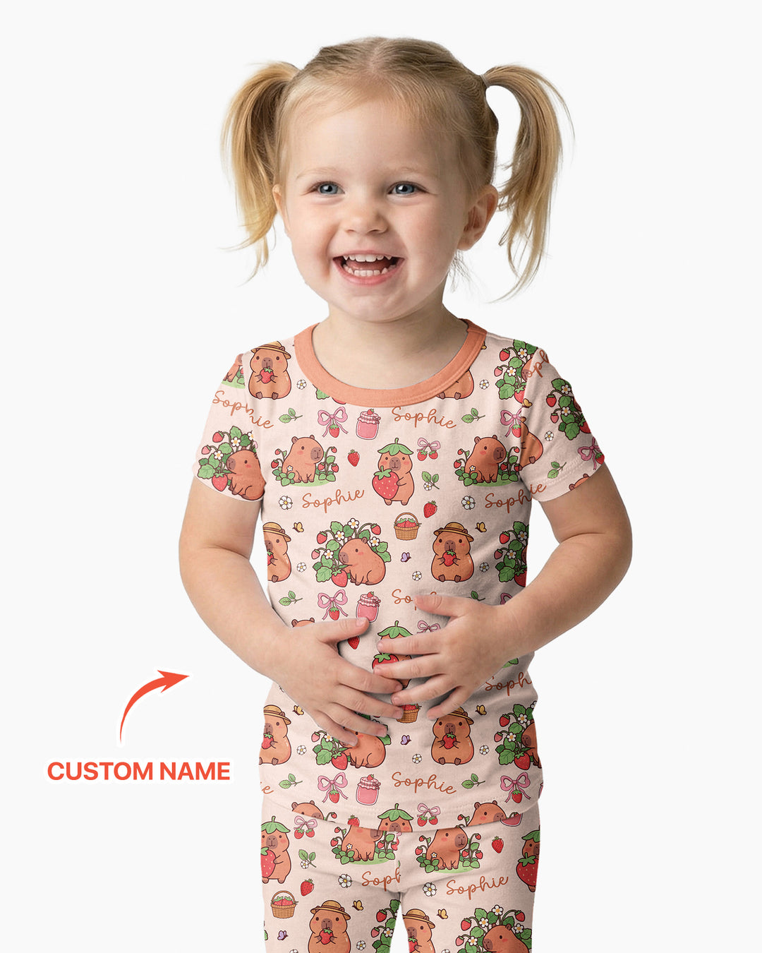 Custom Name Capybara Strawberry Bamboo Two Piece Short Sleeve Pajama Set