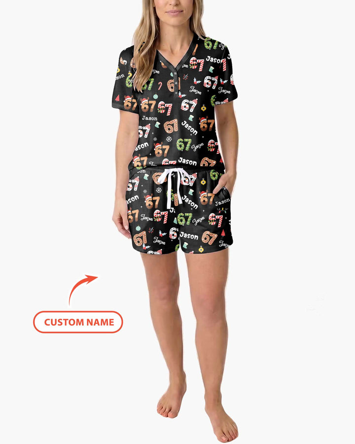 Custom '6 7' Six Seven Christmas Slang Meme Bamboo Women Short Sleeve Short Pajama Set