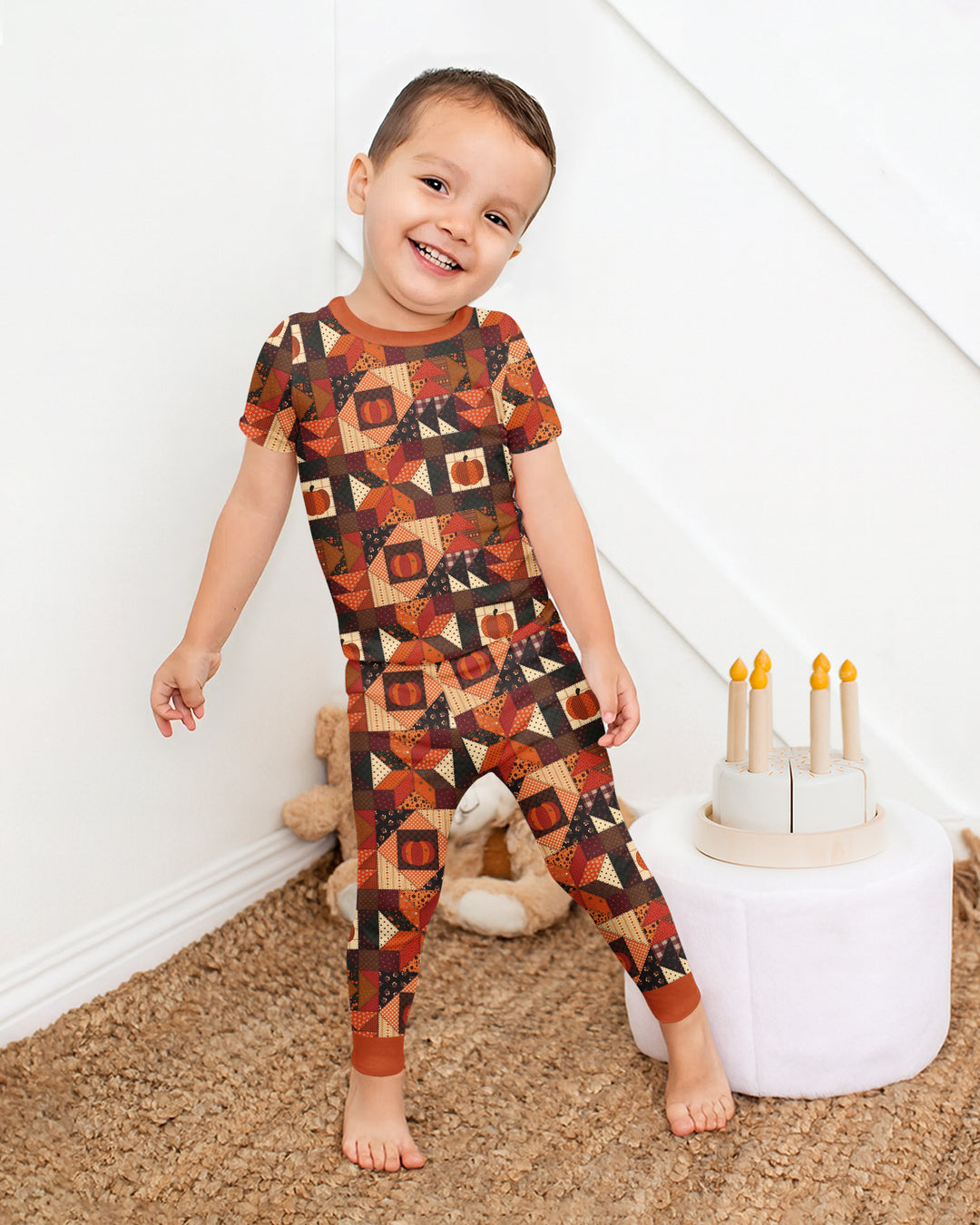 Vintage Pumpkin Patchwork Fall Bamboo Two Piece Short Sleeve Pajama Set