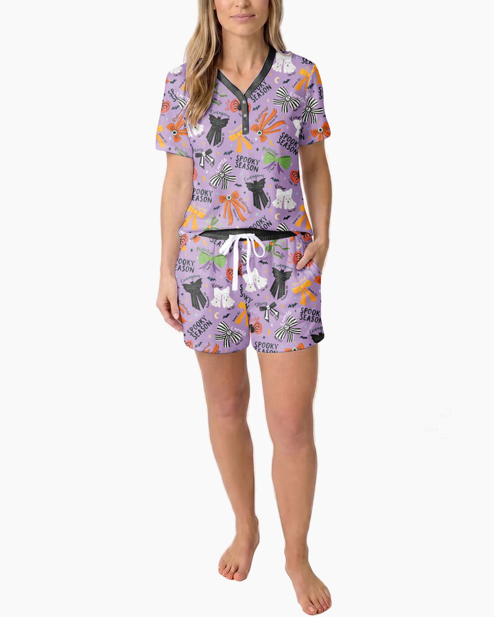 Spooky Bows Spooky Season Bamboo Women Short Sleeve Short Pajama Set