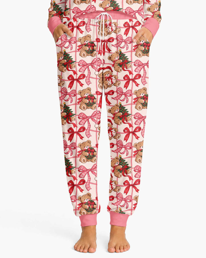Pink Christmas Teddy Bear Plaid Mommy & Me Matching Bamboo Women Pajama Set