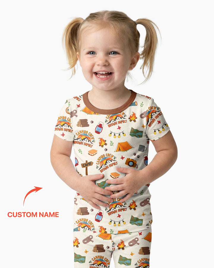 Custom Name Camping Crew Family Matching Bamboo Two Piece Short Sleeve Pajama Set