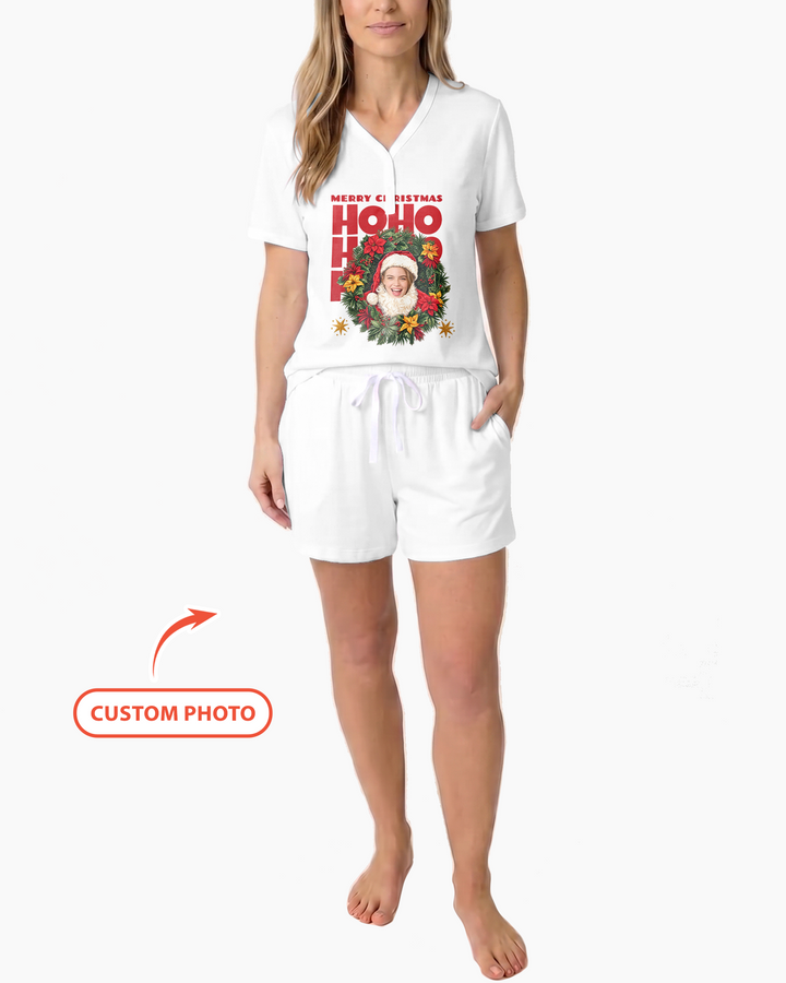 Personalized Photo Christmas Santa Bamboo Women Short Sleeve Short Pajama Set