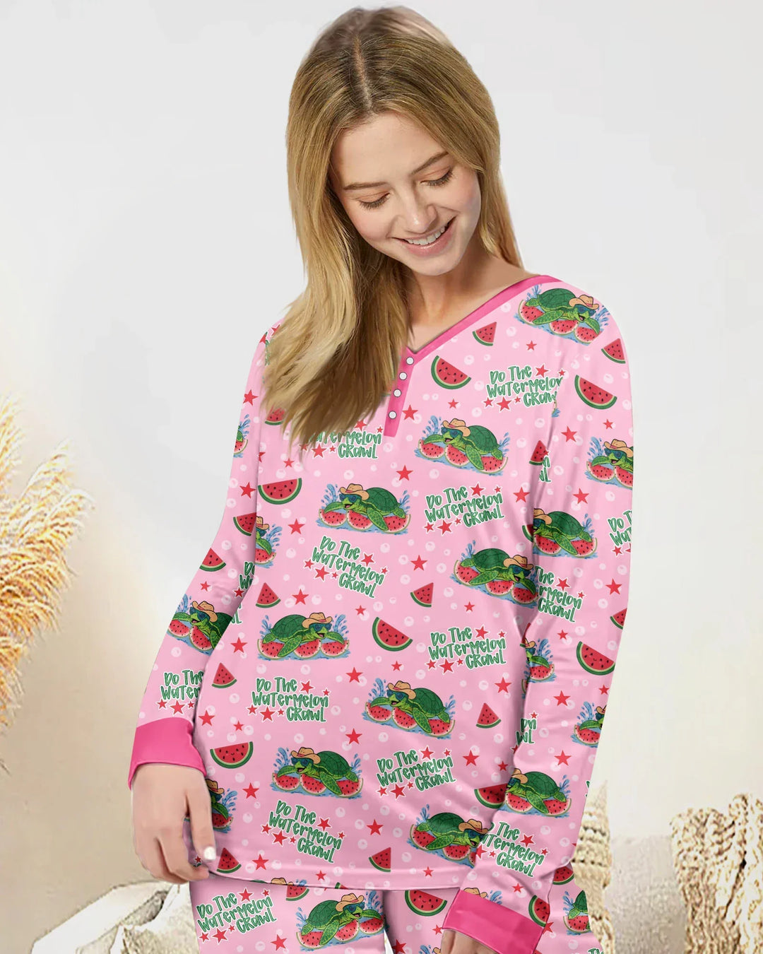 Wassermelonen-Schildkröten Familie passendes Bambus Pyjama Set für Damen