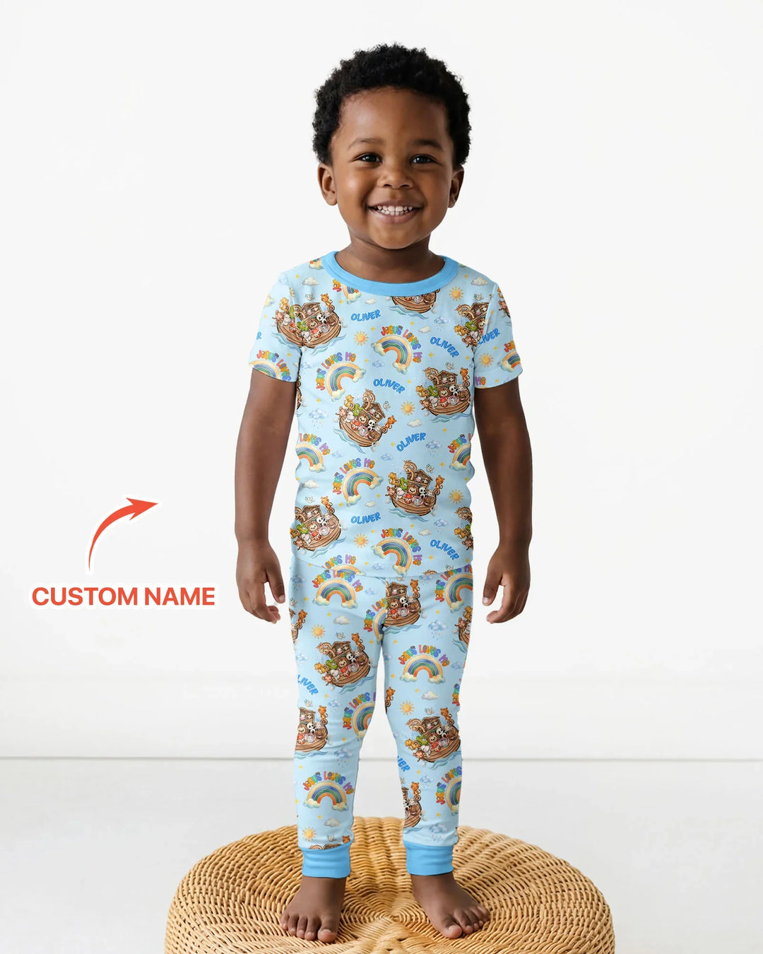 Custom Name Jesus Loves Me Noah's Ark Bamboo Two Piece Short Sleeve Pajama Set