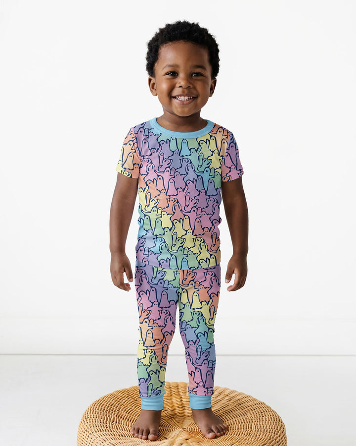 Pastel Rainbow Ghost Halloween Bamboo Two Piece Short Sleeve Pajama Set
