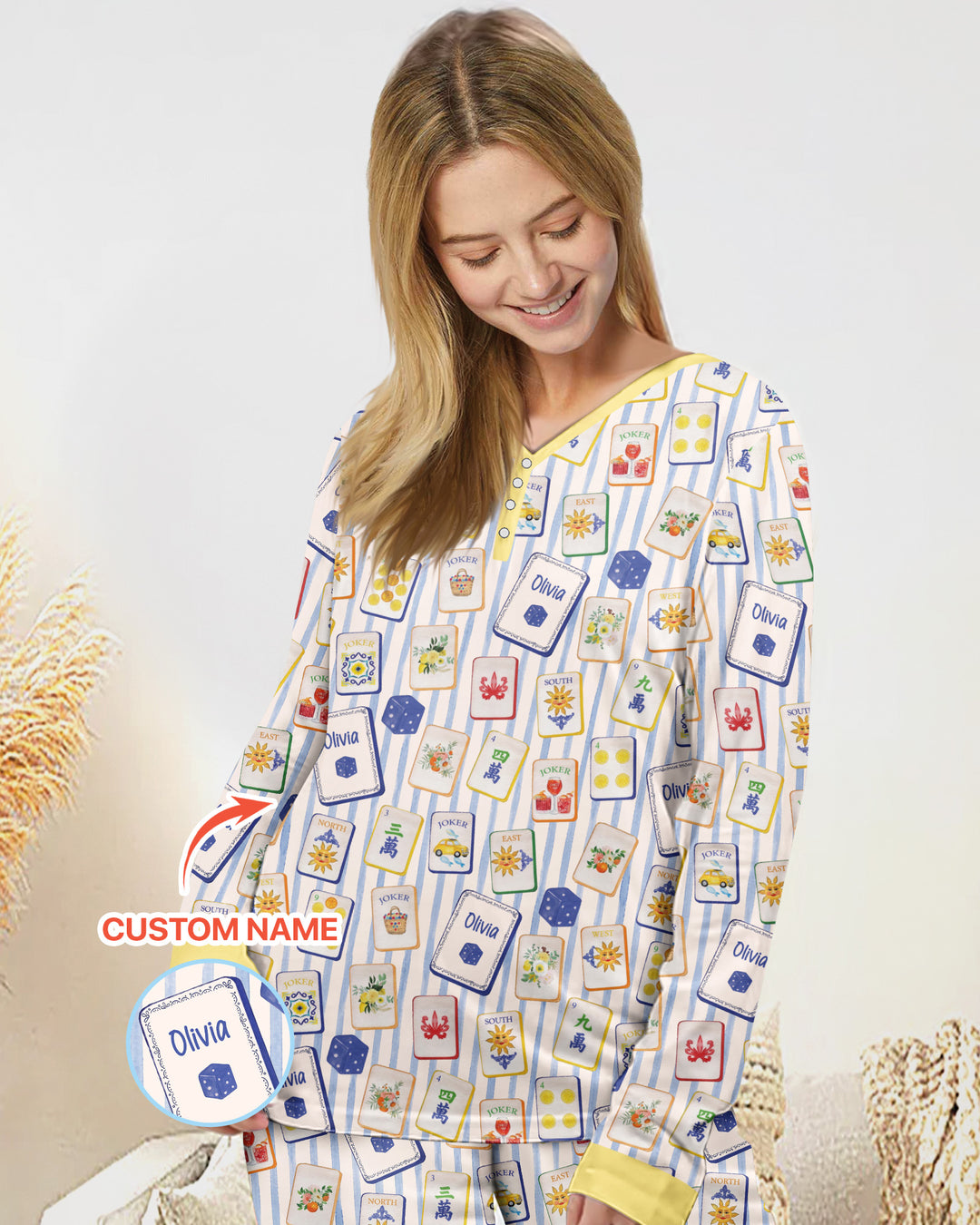 Coastal Mahjong Custom Name Mommy & Me Matching Bamboo Women Pajama Set