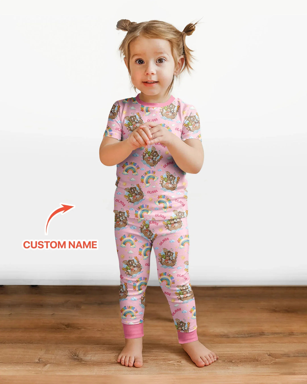 Custom Name Jesus Loves Me Noah's Ark Bamboo Two Piece Short Sleeve Pajama Set