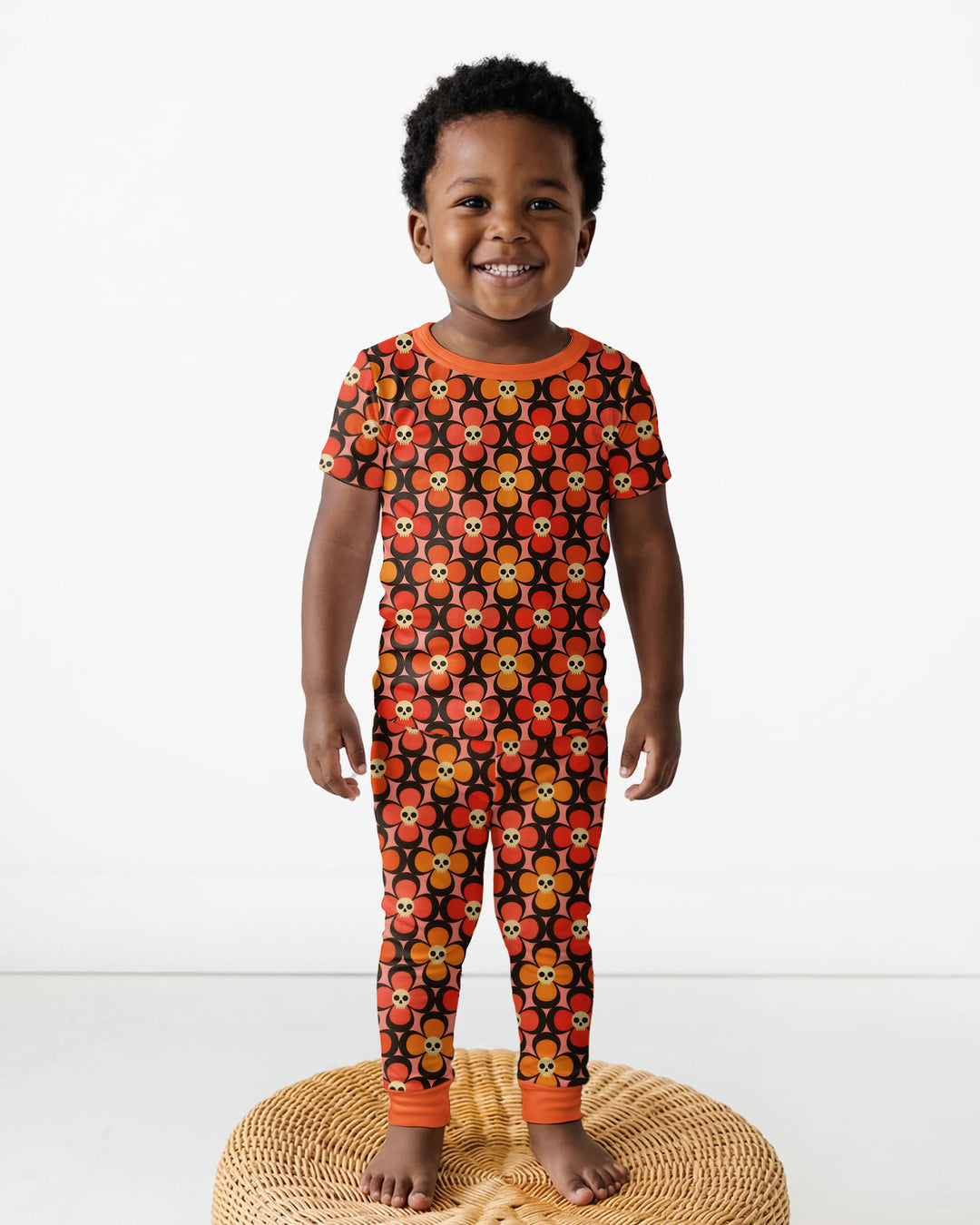 Retro Skull Flower Halloween Bamboo Two Piece Short Sleeve Pajama Set
